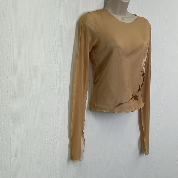 Zara - Floral Mesh Sand Color Long Sleeve With Tank Underneath Blouse Size Small - Picture 3 of 11